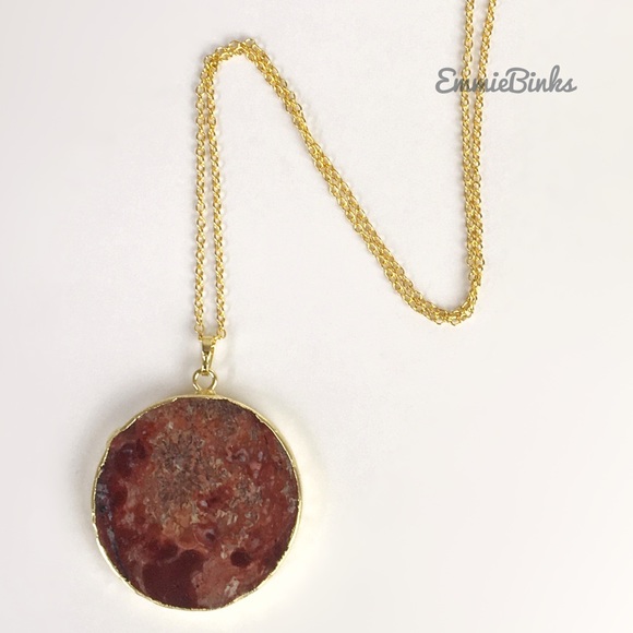 New Exquisite 24KGP Mexican Happy Lace Agate Slice Pendant Necklace / Happiness - Picture 10 of 16